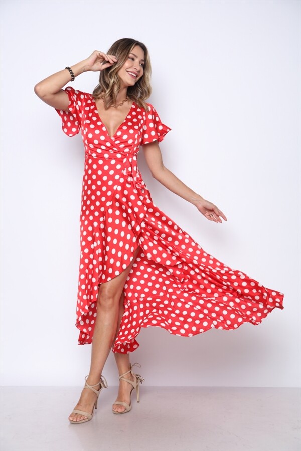 Candy Red Polka Dot Wrap Maxi Dress Size Medium Retro Rockabilly Summer  Travel